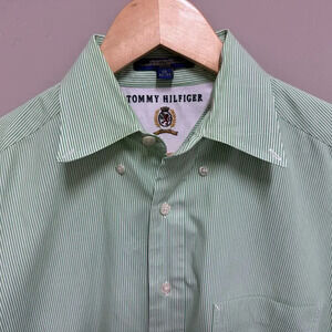 Tommy Hilfiger Green Striped Long Sleeve Button Up
Shirt Size 15